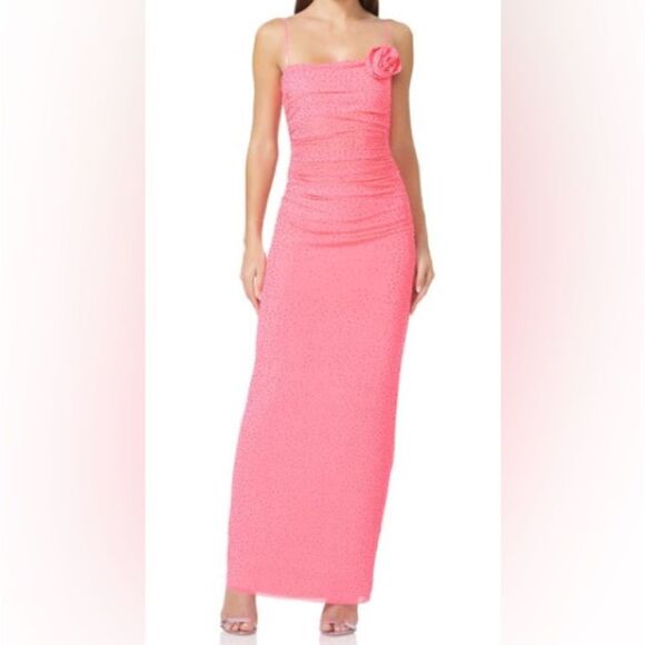 AFRM Pink Rhinestone Maxi Form Fitting Dress Large Stretch - Picture 1 of 7